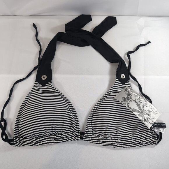 Point Zero Striped Halter Bikini Top Bathing Suit Women's 14 Black White NEW - Picture 1 of 11